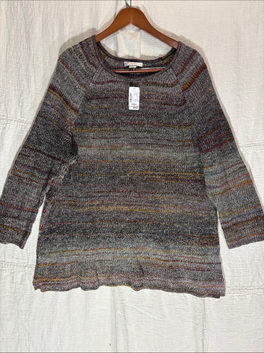 CJ Banks Heathered Gray Crewneck Sweater with Multicolor Stripes